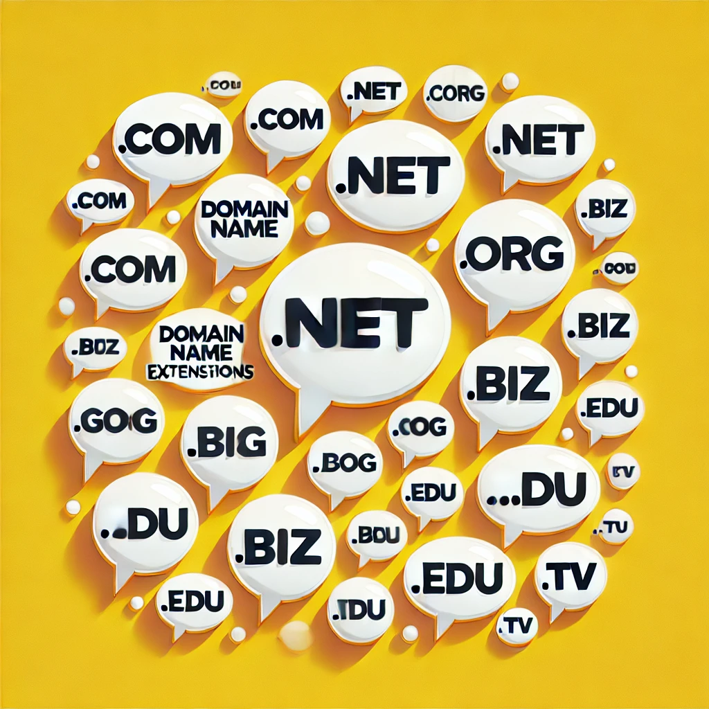 speech bubbles displaying various domain name extensions like .com, .net